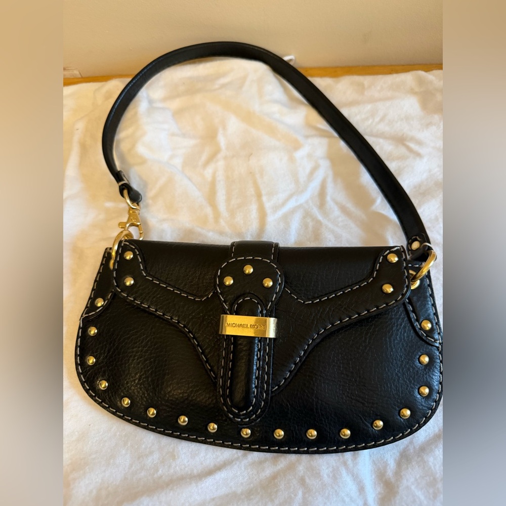 Michael Kors Black Leather Shoulder Bag with Gold Accents